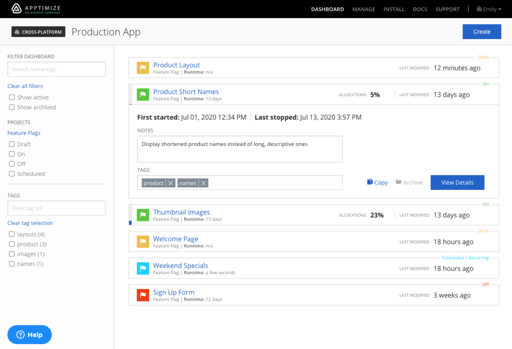 Apptimize Feature Flag dashboard